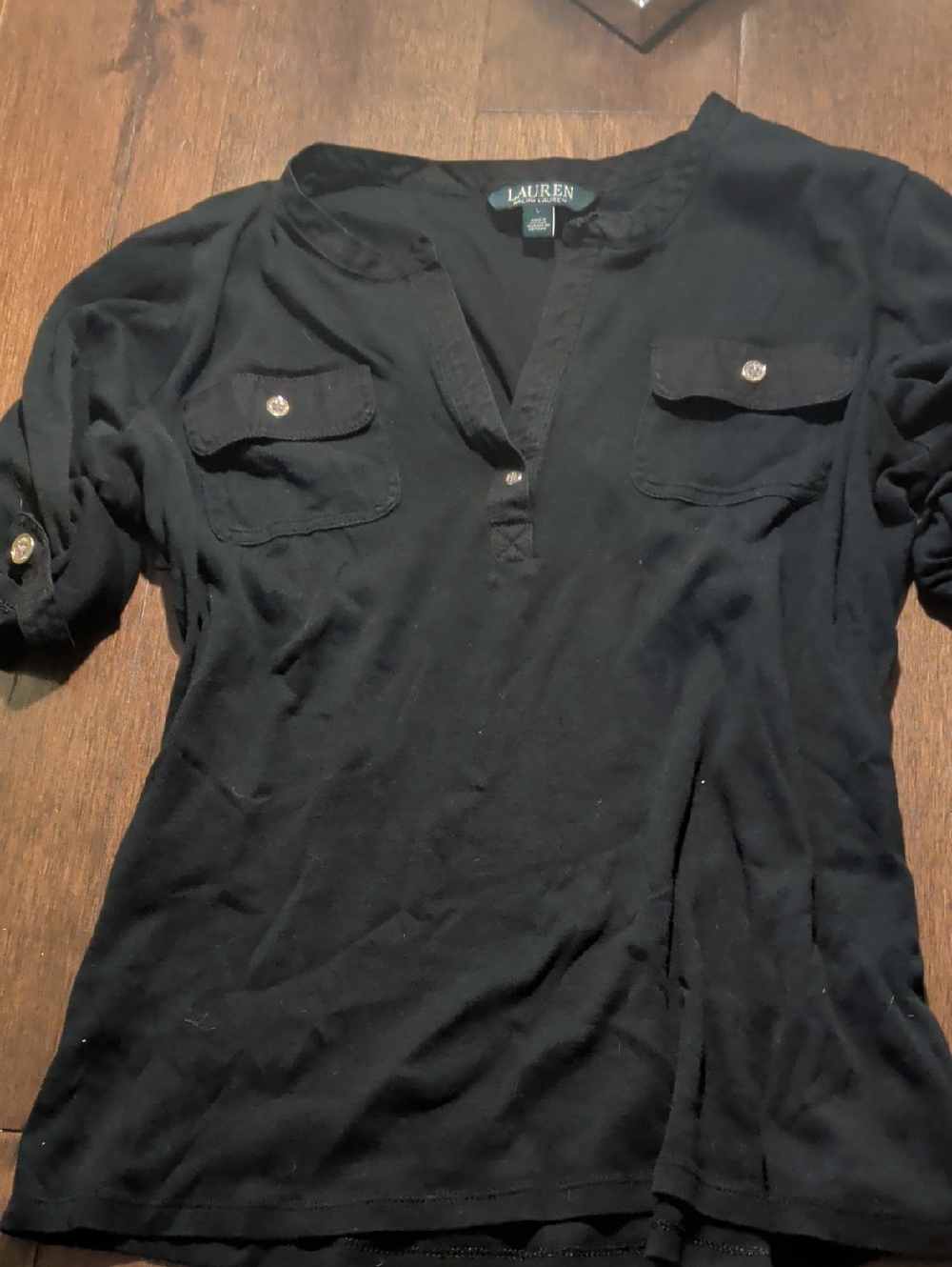 Ralph Lauren Black Short Sleeve Henley with Chest Pockets
